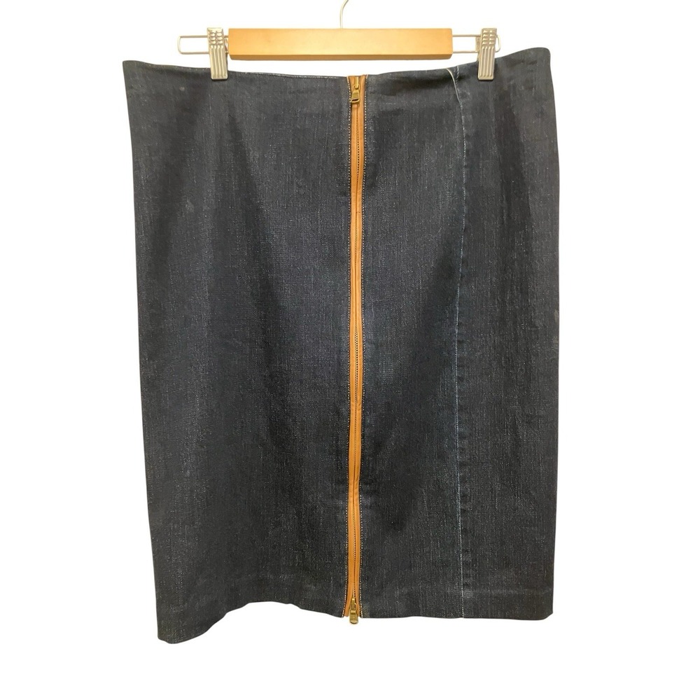 NewLauren Ralph Lauren Blue Denim Pencil Skirt Leather Trim Stretch Westeren 14